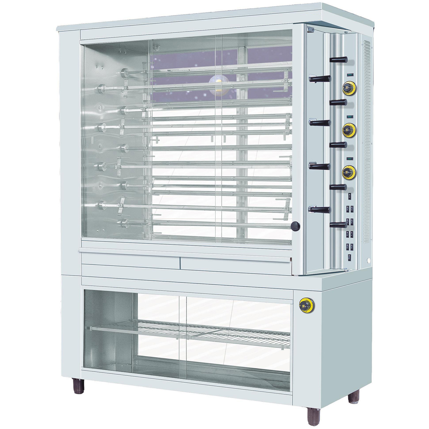 Rotisor profesional electric cu 9 tepuse, dulap cald, 63 pui