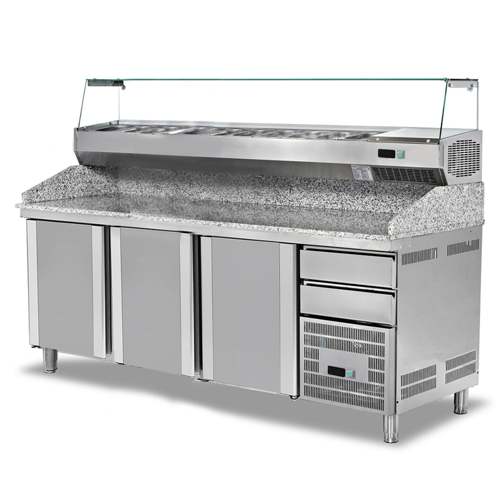 Masa preparare pizza combi, profesionala, inox, 2 sertare, 9 cuve, 500 lt, 210*80*102/152 cm