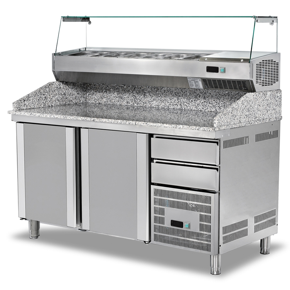 Masa pizza combi, profesionala, inox, 2 sertare, 7 cuve, 300 lt, 160*80*102/152 cm