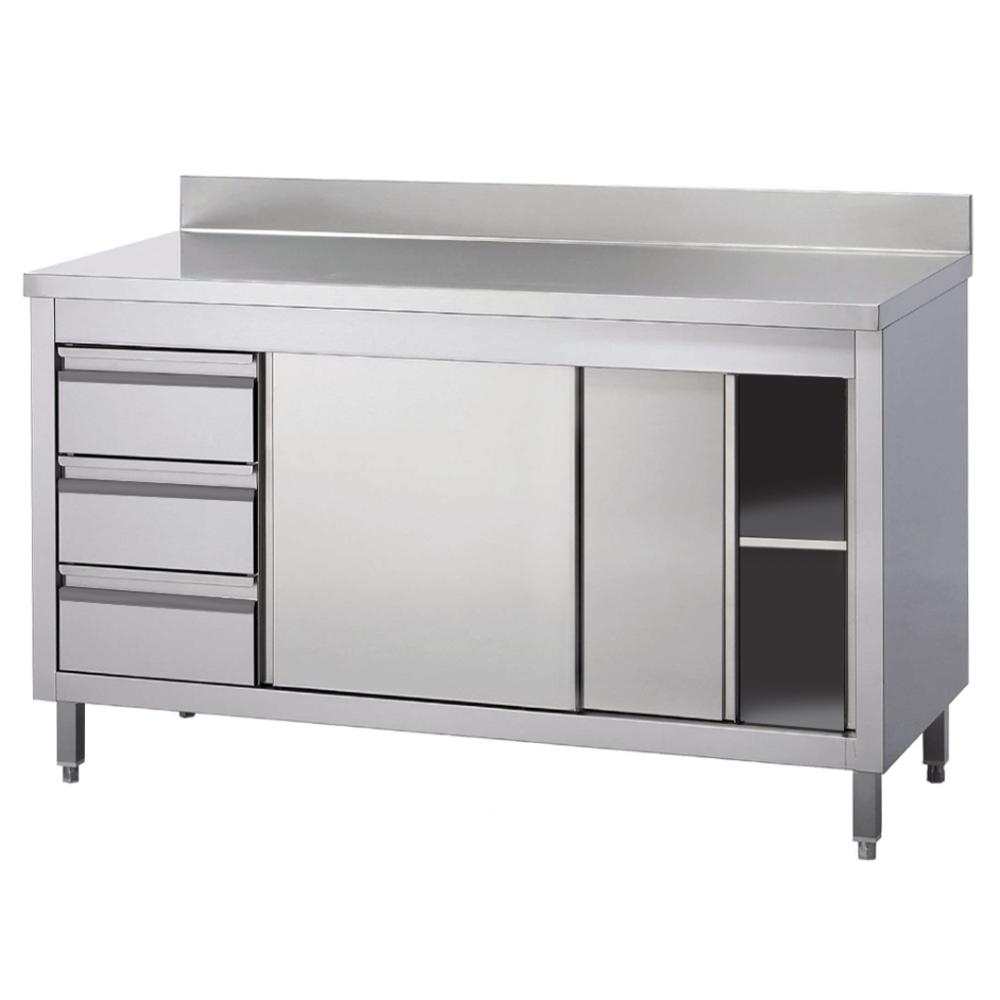 Masa de lucru inox cu dulap, 3 sertare si polita intermediara 240*60*85