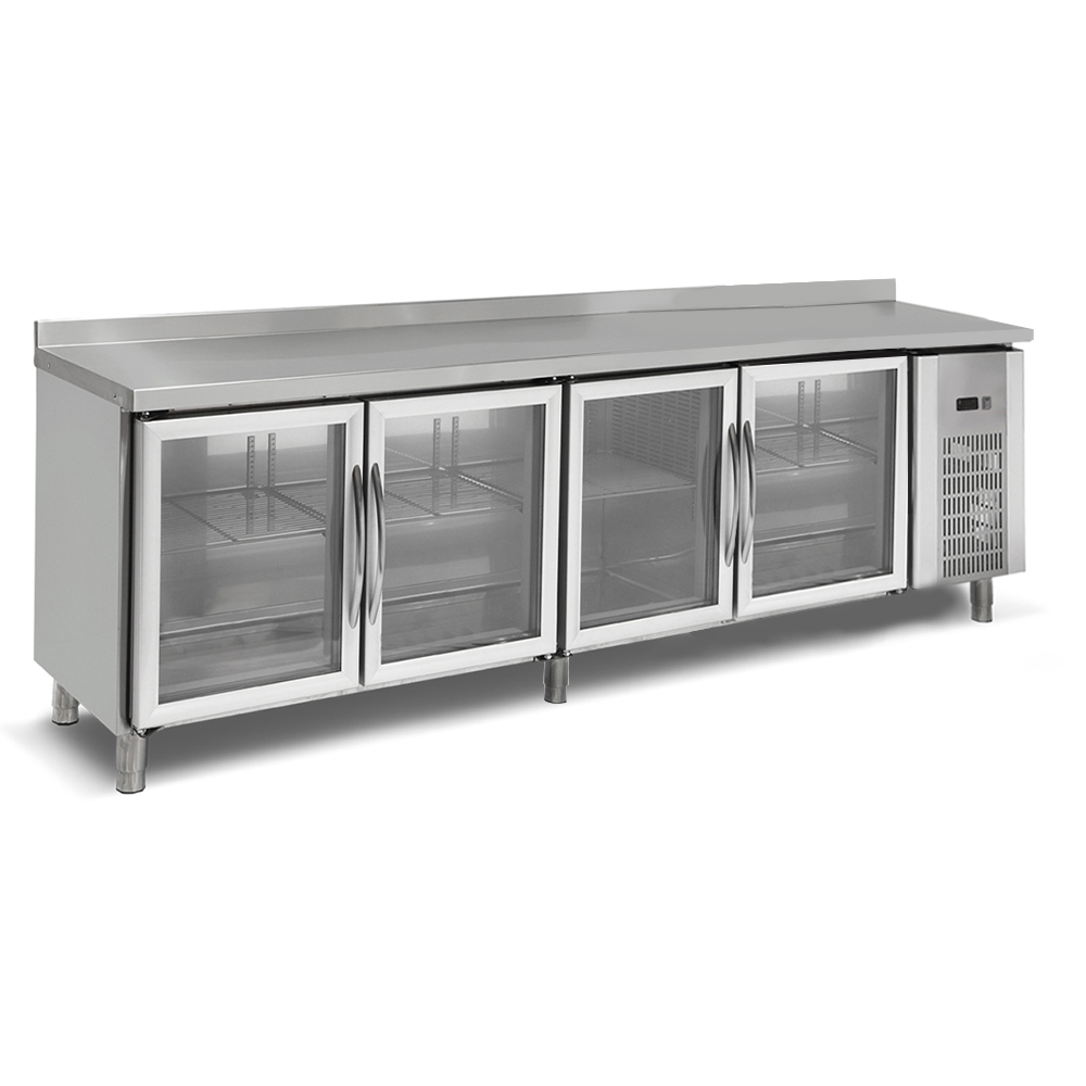 Masa rece, profesionala, inox, 4 usi vitrate, 255*60*85 cm