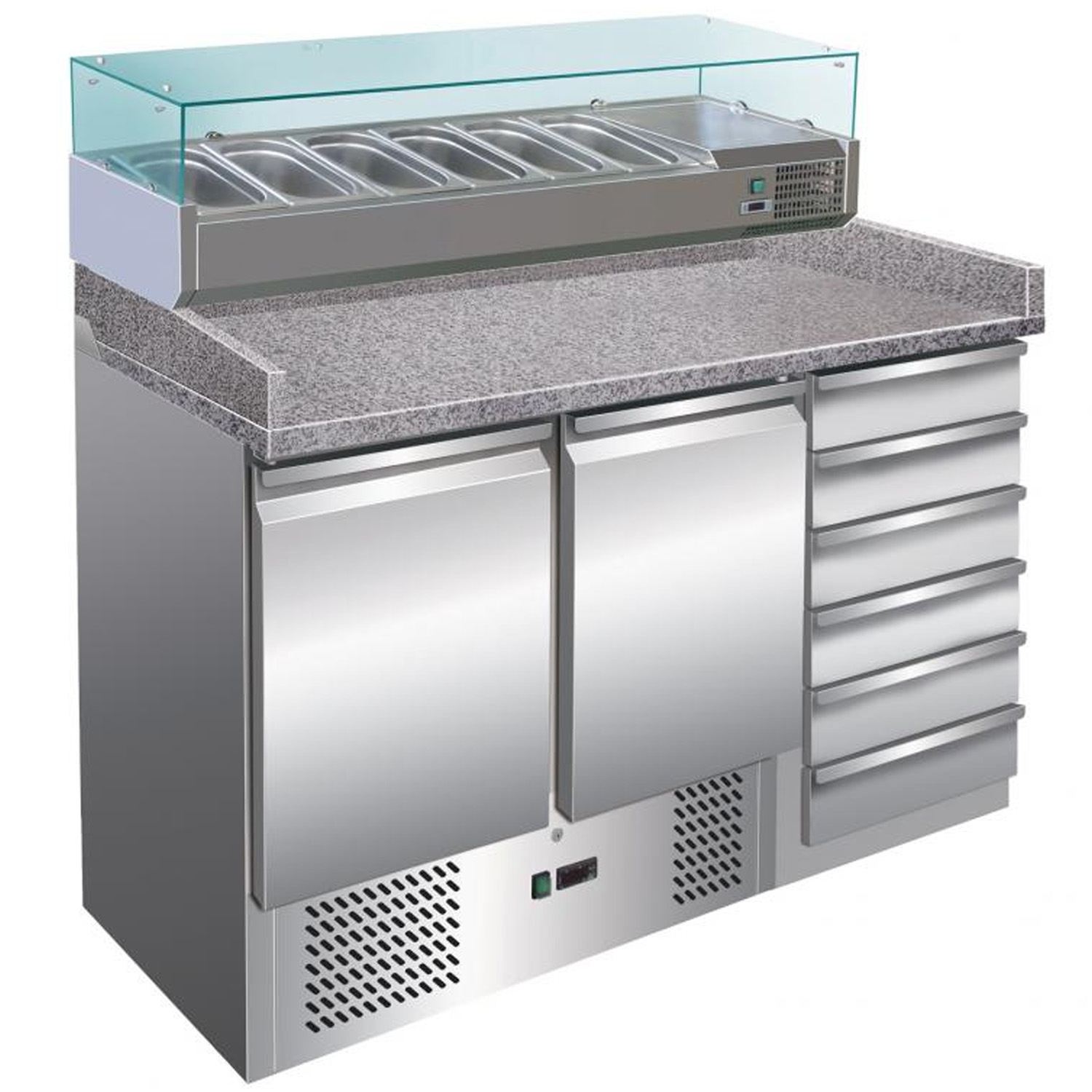 Masa pizza combi, profesionala, inox, 6 sertare, 6 cuve, 257 lt, 142*70*143 cm