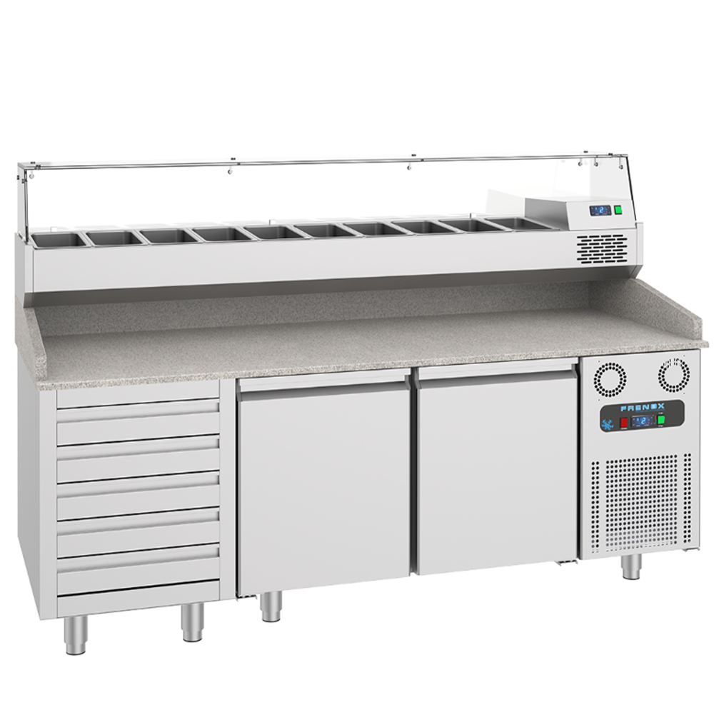 Masa rece preparare pizza FRENOX, profesionala, inox, 2 usi si 5 sertare, 615 lt, 210*80*108 cm
