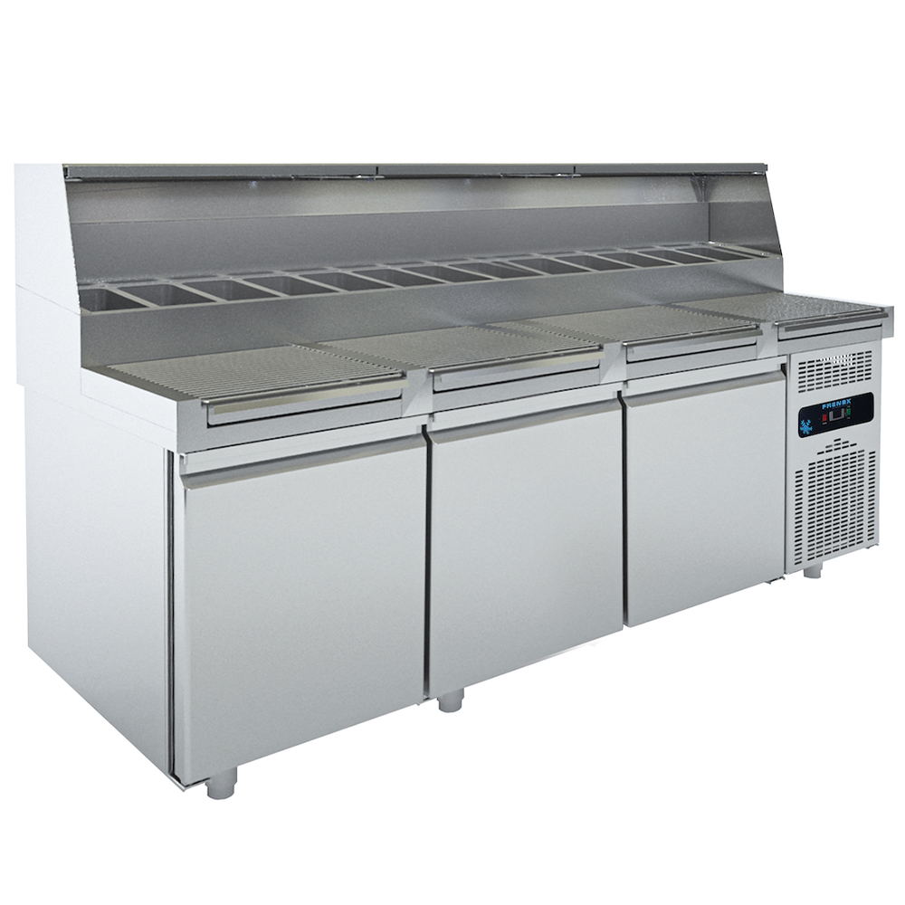 Masa rece preparare pizza FRENOX, profesionala, inox, 3 usi si 13 cuve, 720 lt, 223*83*136 cm