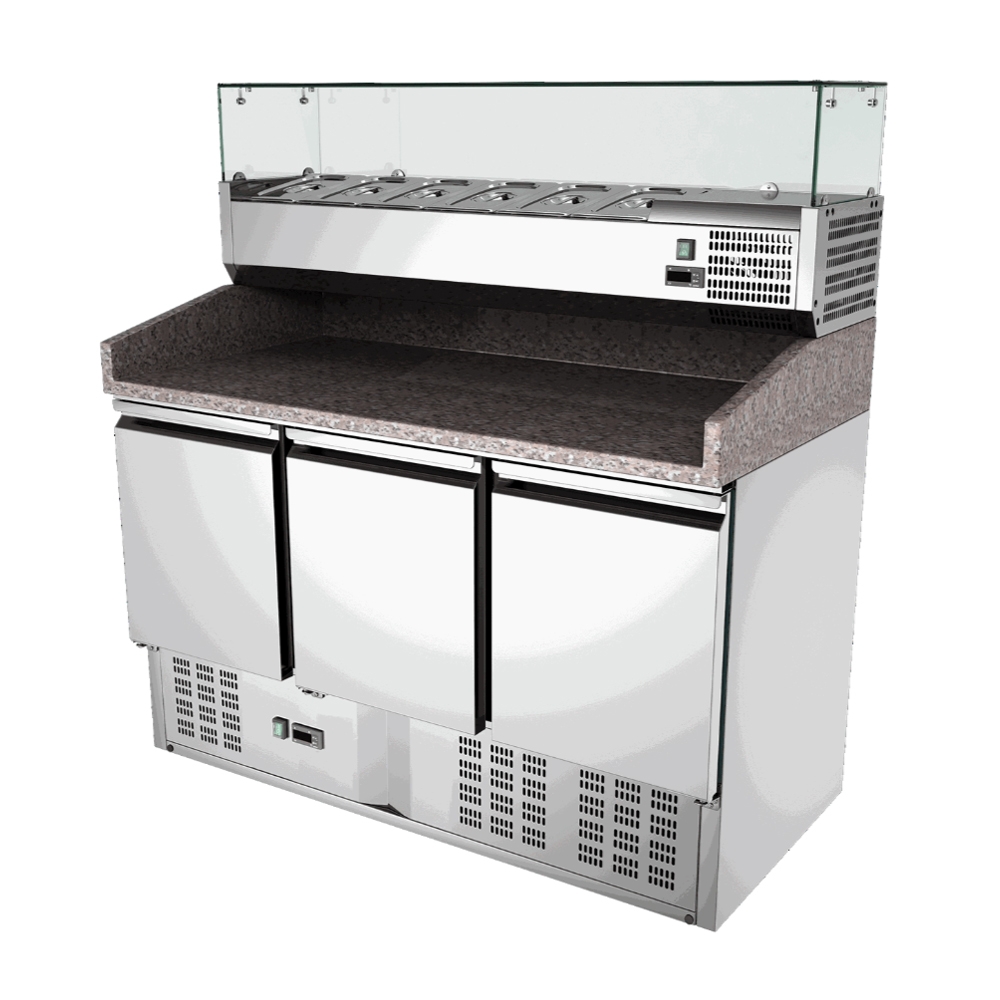 Masa rece preparare pizza, profesionala, vitrina ingrediente, inox, 3 usi, 368 lt, 140*70*102 cm