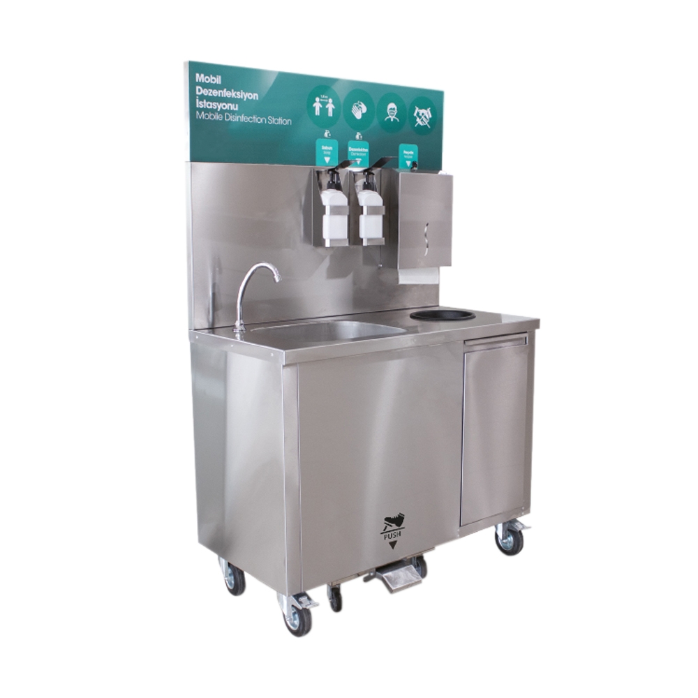 Statie mobila de spalare a mainilor, inox, cu actionare electrica la pedala, cos de gunoi, 102*60*87 / 159 cm