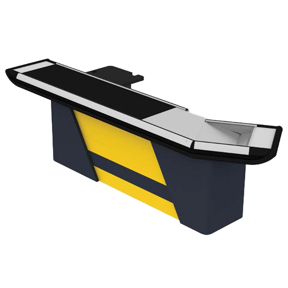 Masa pentru casa de marcat cu iesire pe colt 2,4 m, cu banda si rama din aluminiu