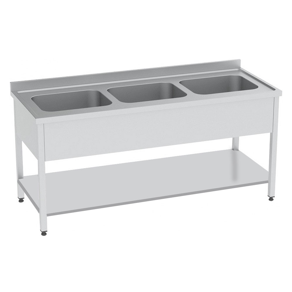 Spalator cu 3 cuve si polita inferioara, inox, 200*70*85 cm