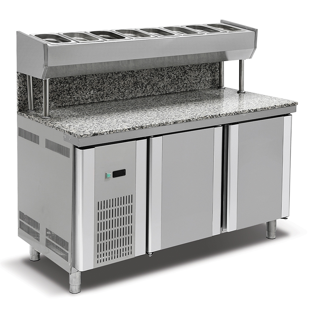 Masa preparare pizza, profesionala, inox, 8 cuve, blat din granit, 300 lt, 150*80*85/135 cm