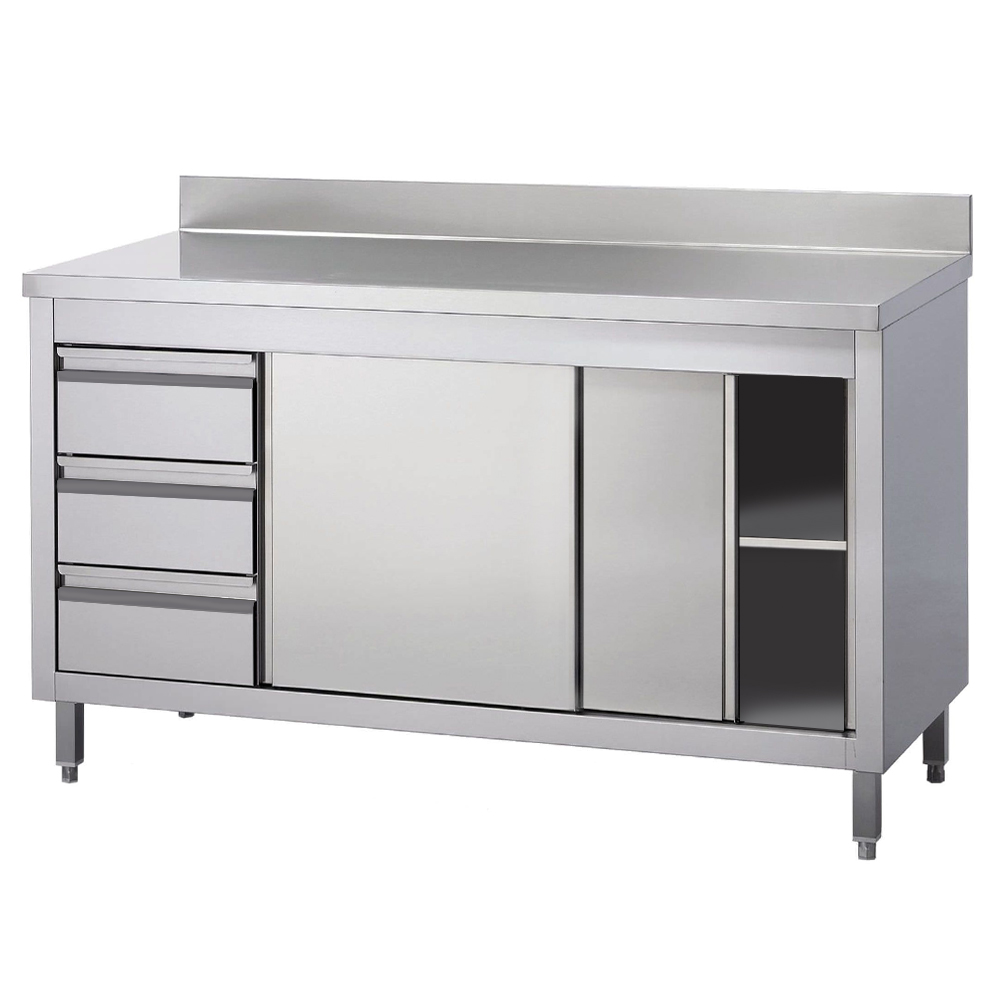Masa de lucru inox cu dulap, 3 sertare si polita intermediara 220*60*85