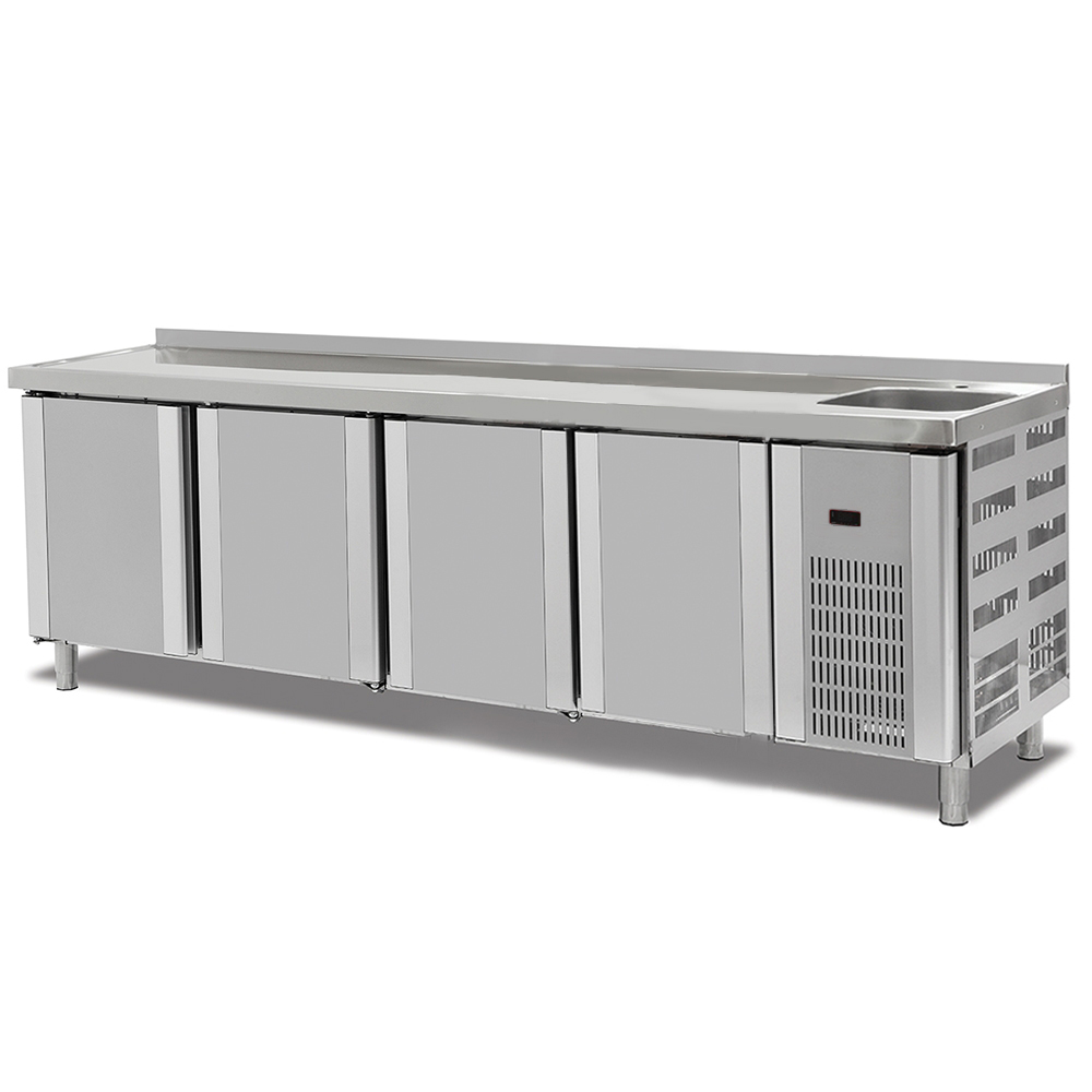 Masa rece, profesionala, inox, 4 usi si chiuveta, 255*70*85 cm