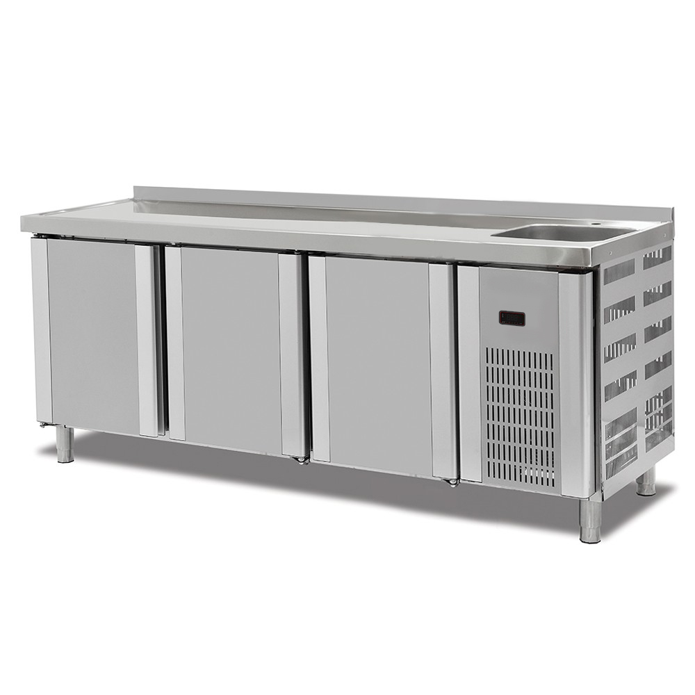 Masa rece, profesionala, inox, 3 usi si chiuveta, 200*70*85 cm