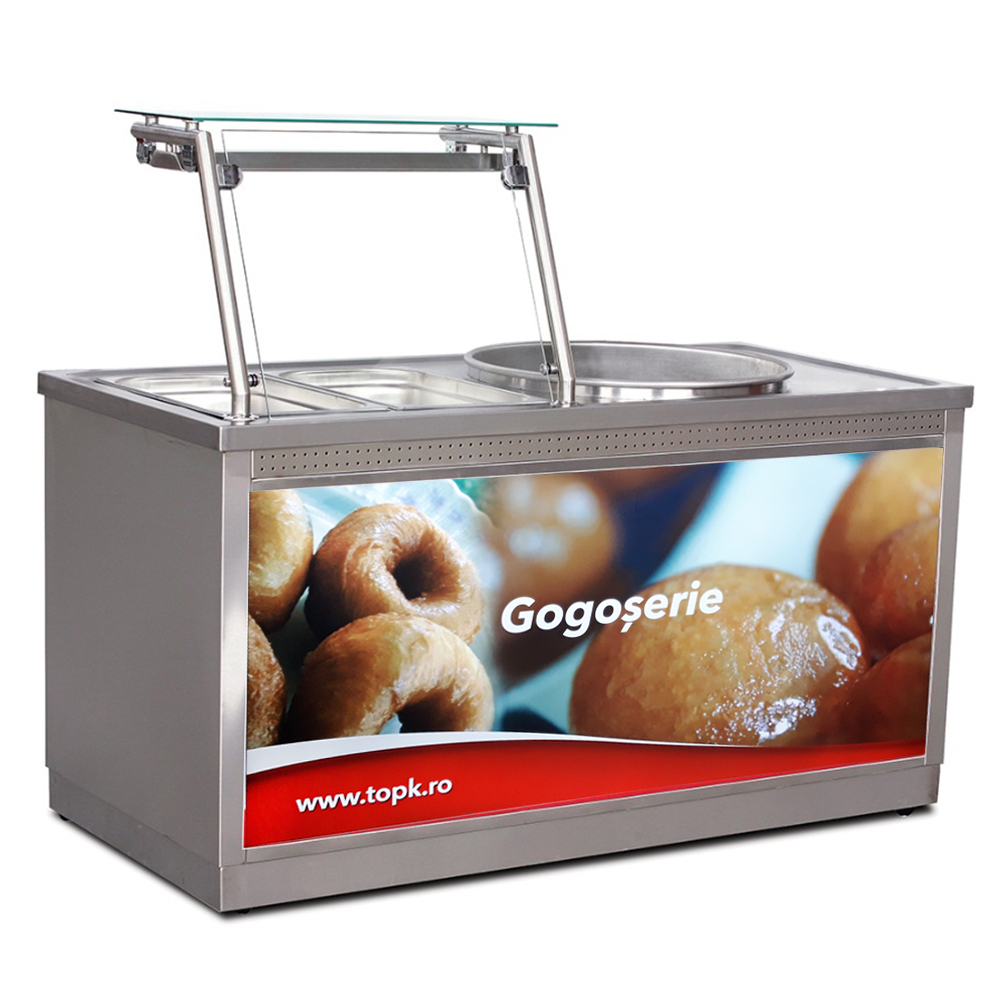 Vitrina de expunere gogosi, 1 friteuza pe gaz, inox, 25 lt, 140*70*85 / 132 cm