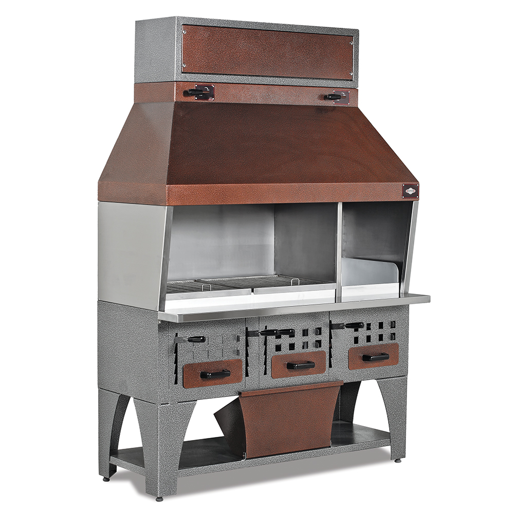 Grill pe carbuni profesional, inox, cu hota monobloc, 215*75*215 cm