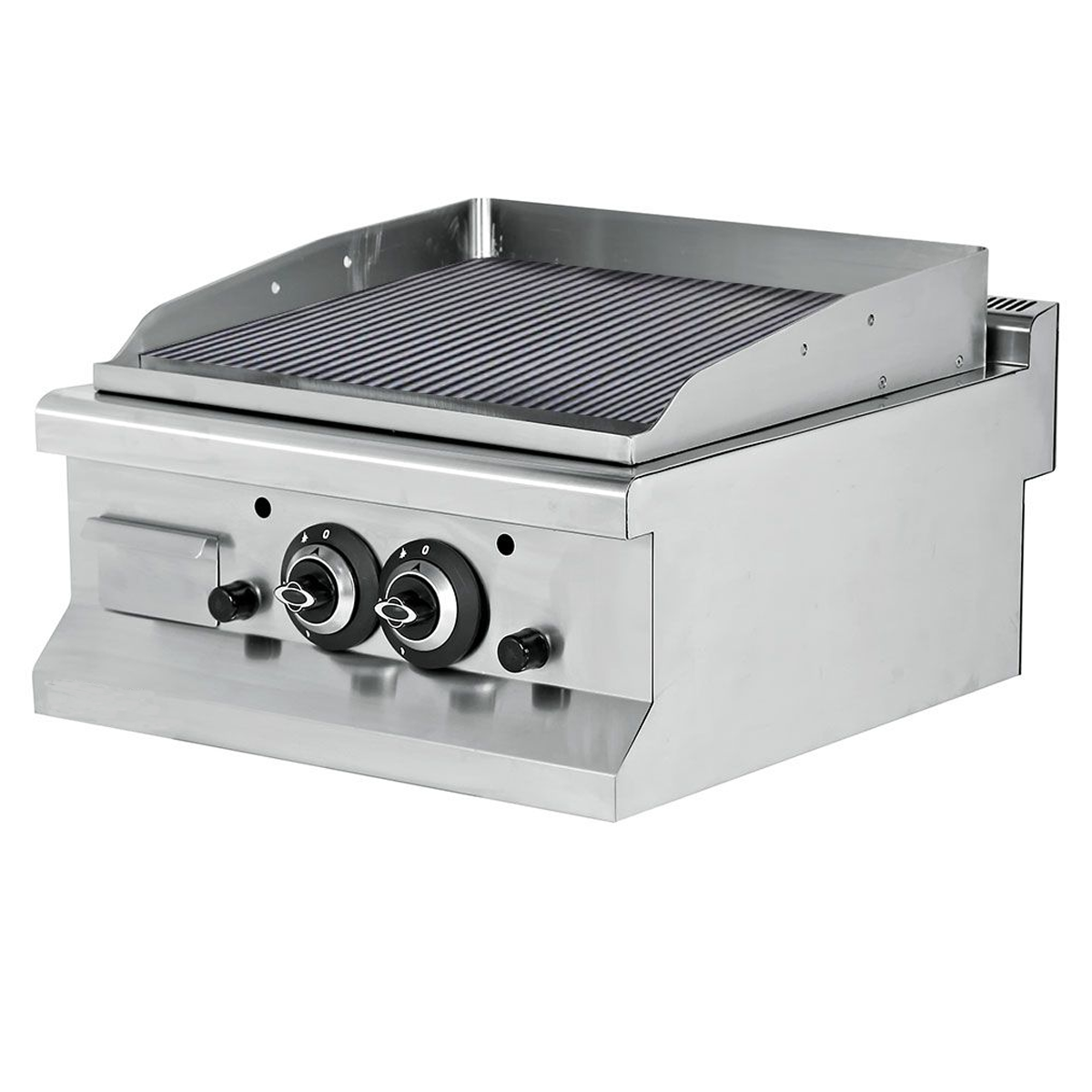 Grill pe gaz dublu profesional, inox, cu suprafata striata, 60*64*29 cm