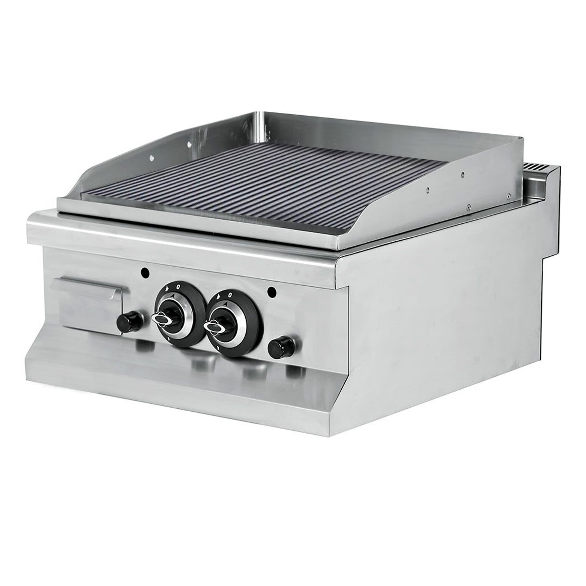 Grill pe gaz dublu profesional, inox, cu suprafata striata cromata, 60*64*29 cm