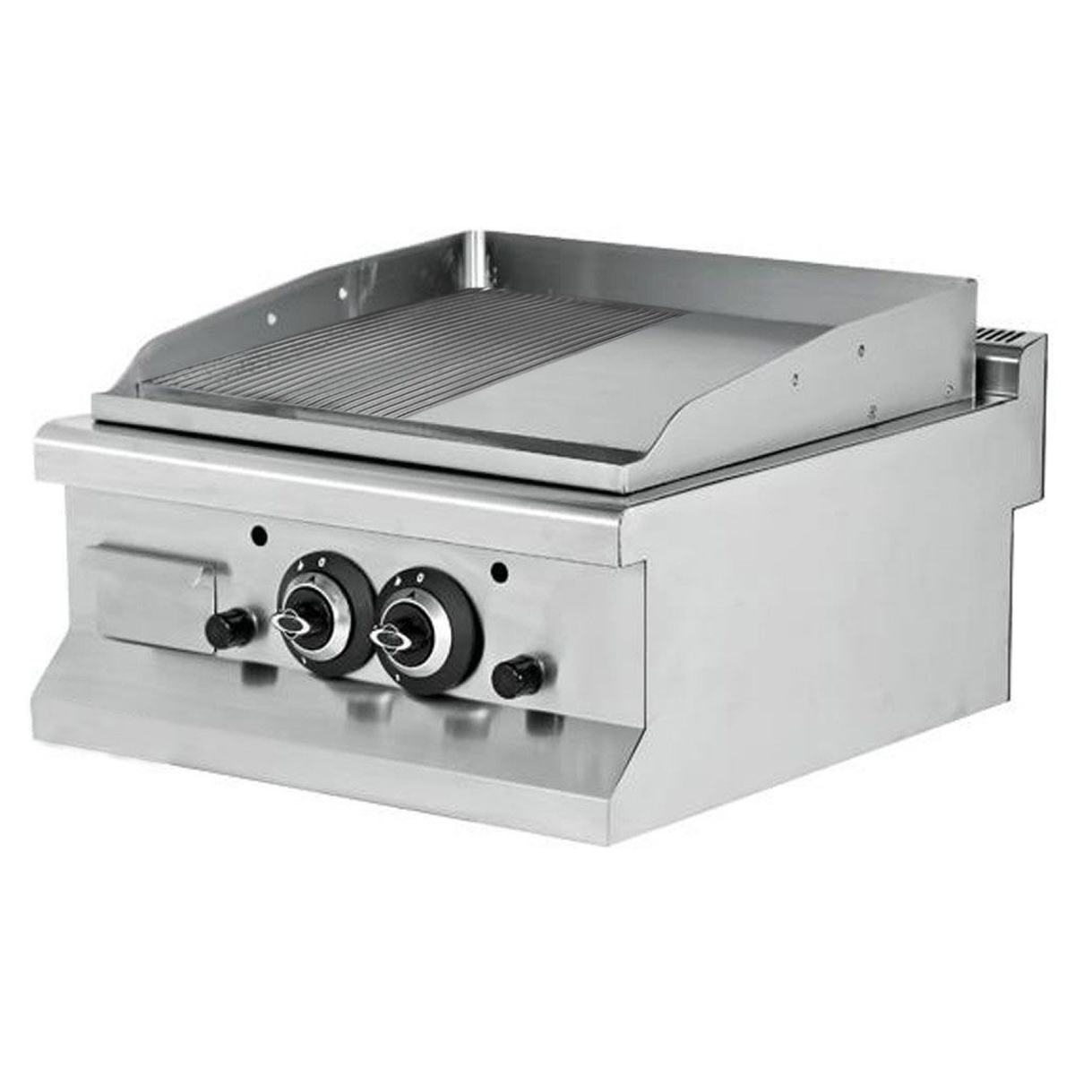 Grill pe gaz dublu profesional, inox, cu suprafata neteda si striata cromata, 60*64*29 cm