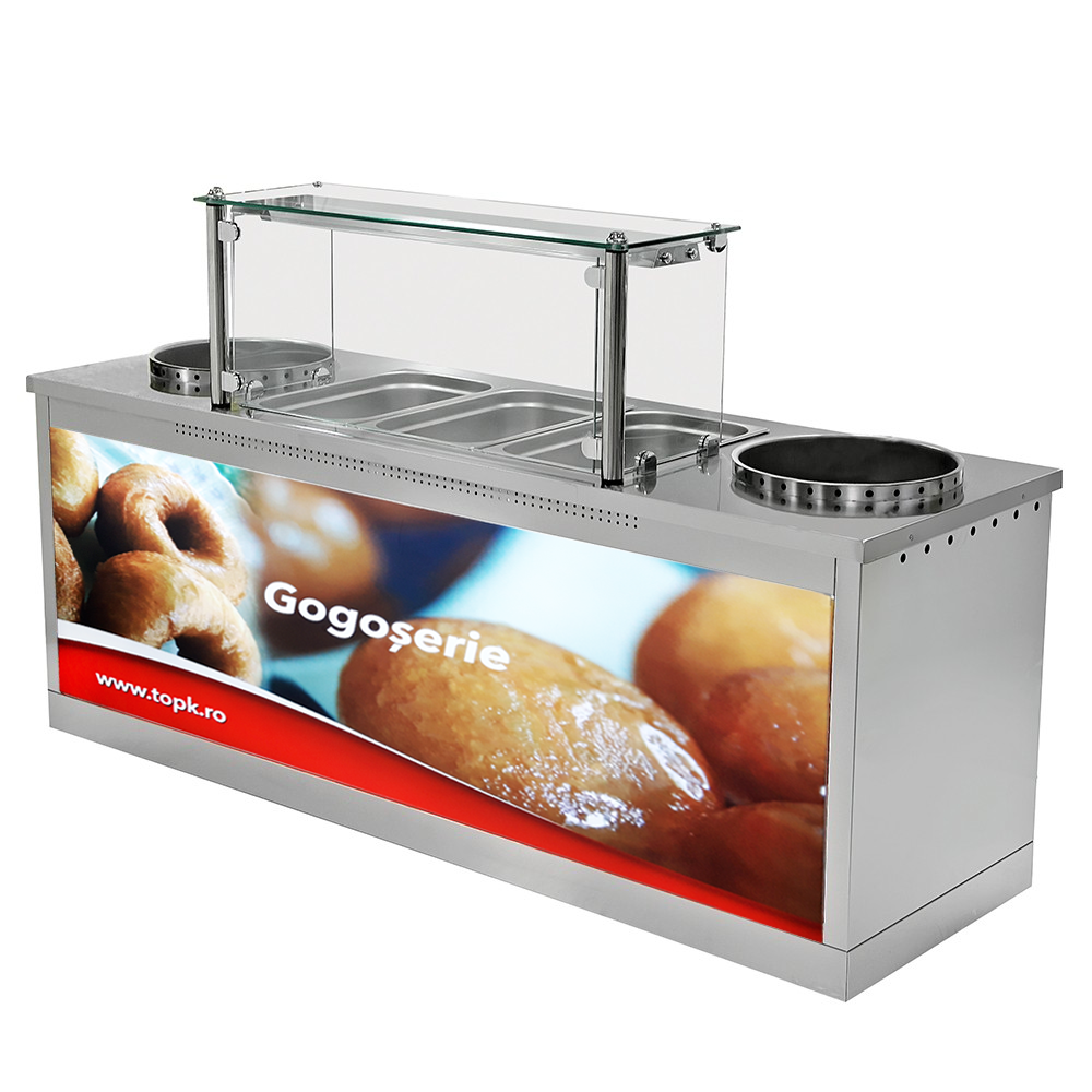 Vitrina de expunere gogosi, 2 friteuze electrice, inox, 25 + 25 lt, 220*70*85 / 132 cm