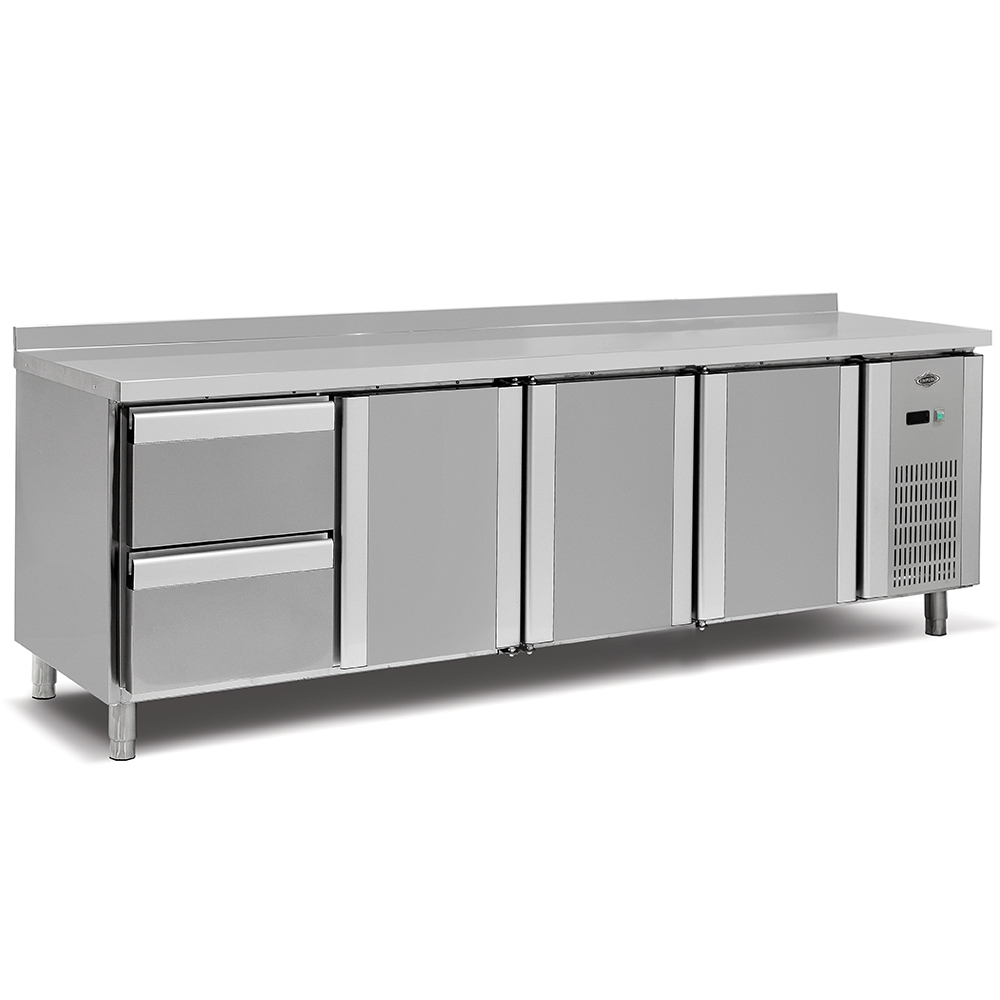 Masa rece inox cu 3 usi, profesionala, 2 sertare