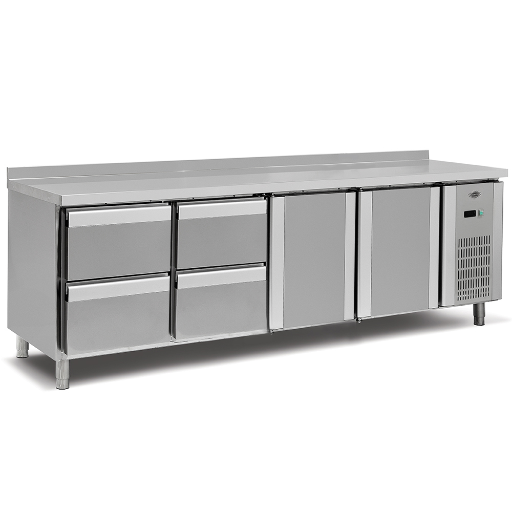 Masa rece, profesionala, inox, 2 usi, 4 sertare, 255*70*85 cm