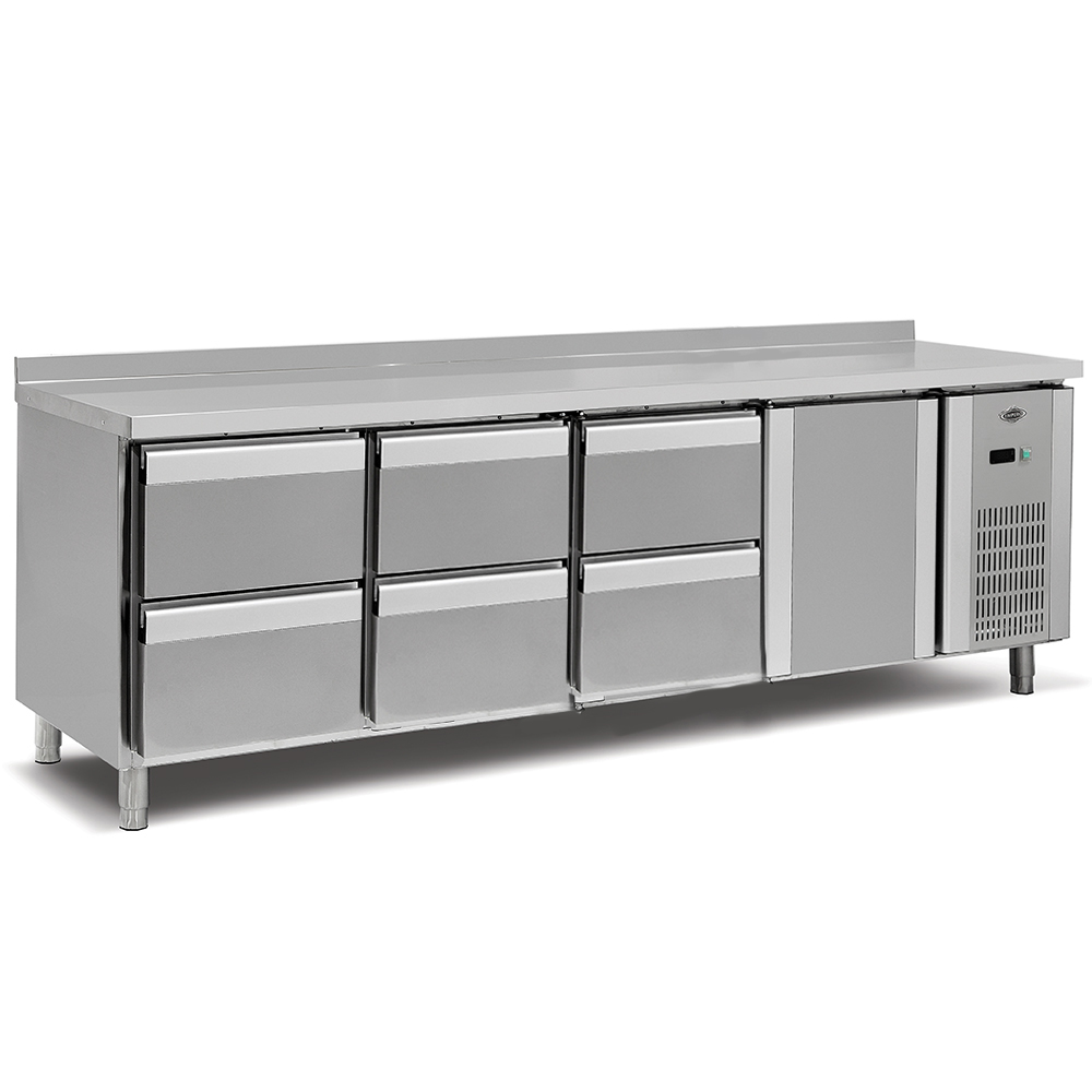 Masa rece, profesionala, inox, 1 usa, 6 sertare, 255*70*85 cm