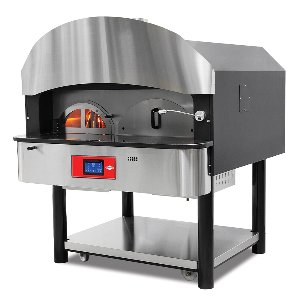 Cuptor profesional traditional cu panou digital, rotativ, pe lemne/gaz - 75 pizza/h si depozit pentru lemne