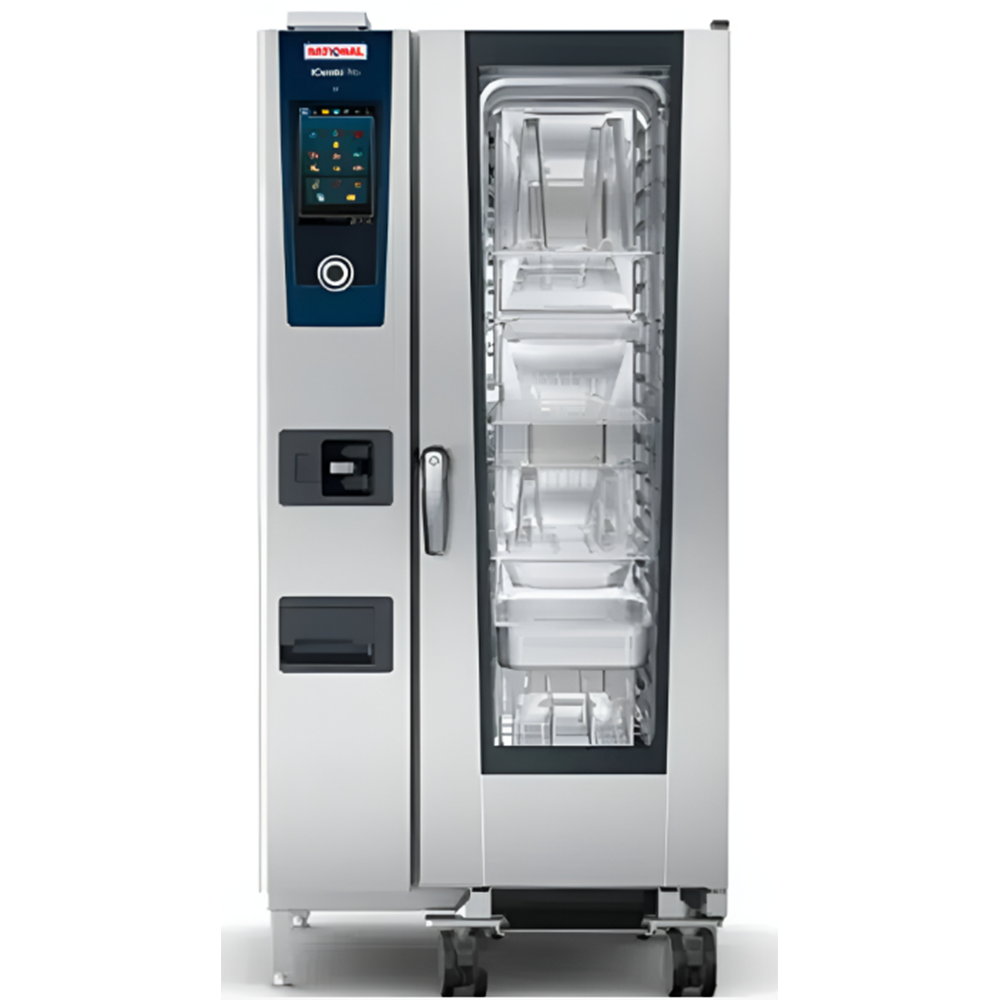 Cuptor profesional RATIONAL iCombi Pro gastro/patiserie, pe gaz cu umidificare automata si boiler, 20 tavi GN1/1 + carucior