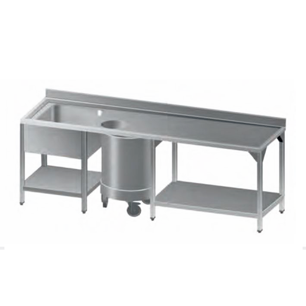 Spalator cu 1 cuva pe partea stanga, polita inferioara, cos gunoi, inox 304, 220*70*86 cm