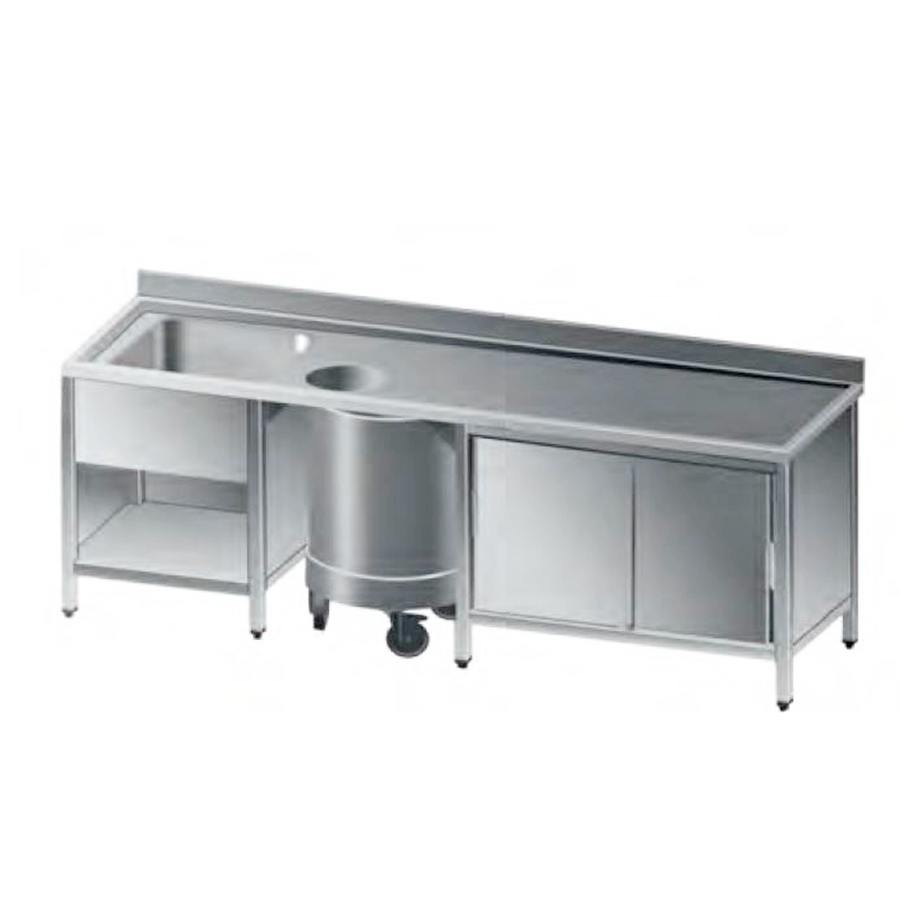 Spalator cu 1 cuva pe partea stanga, polita inferioara, dulap, cos gunoi, inox 304, 260*70*86 cm