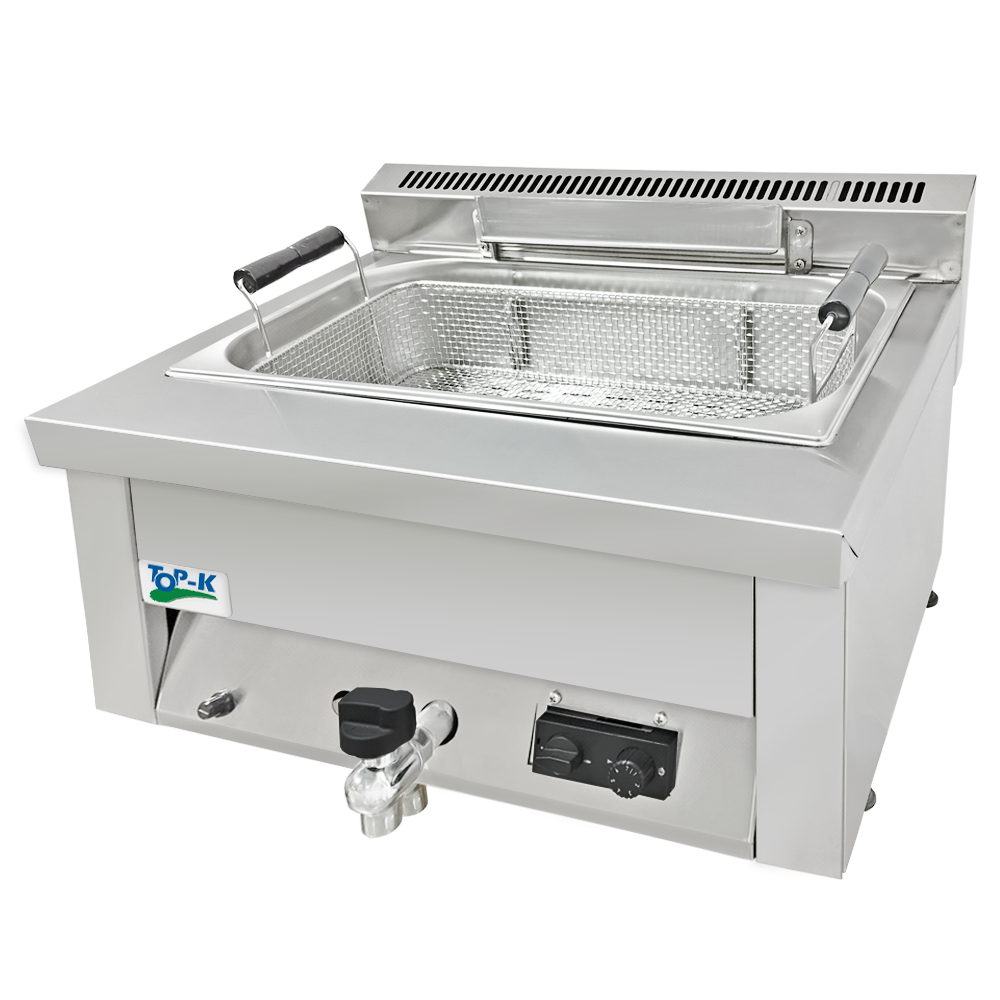 Friteuza pe gaz profesionala cu 1 cuva 16 lt, pt covrigi, gogosi, din inox, cu debuseu, termostat ajustabil