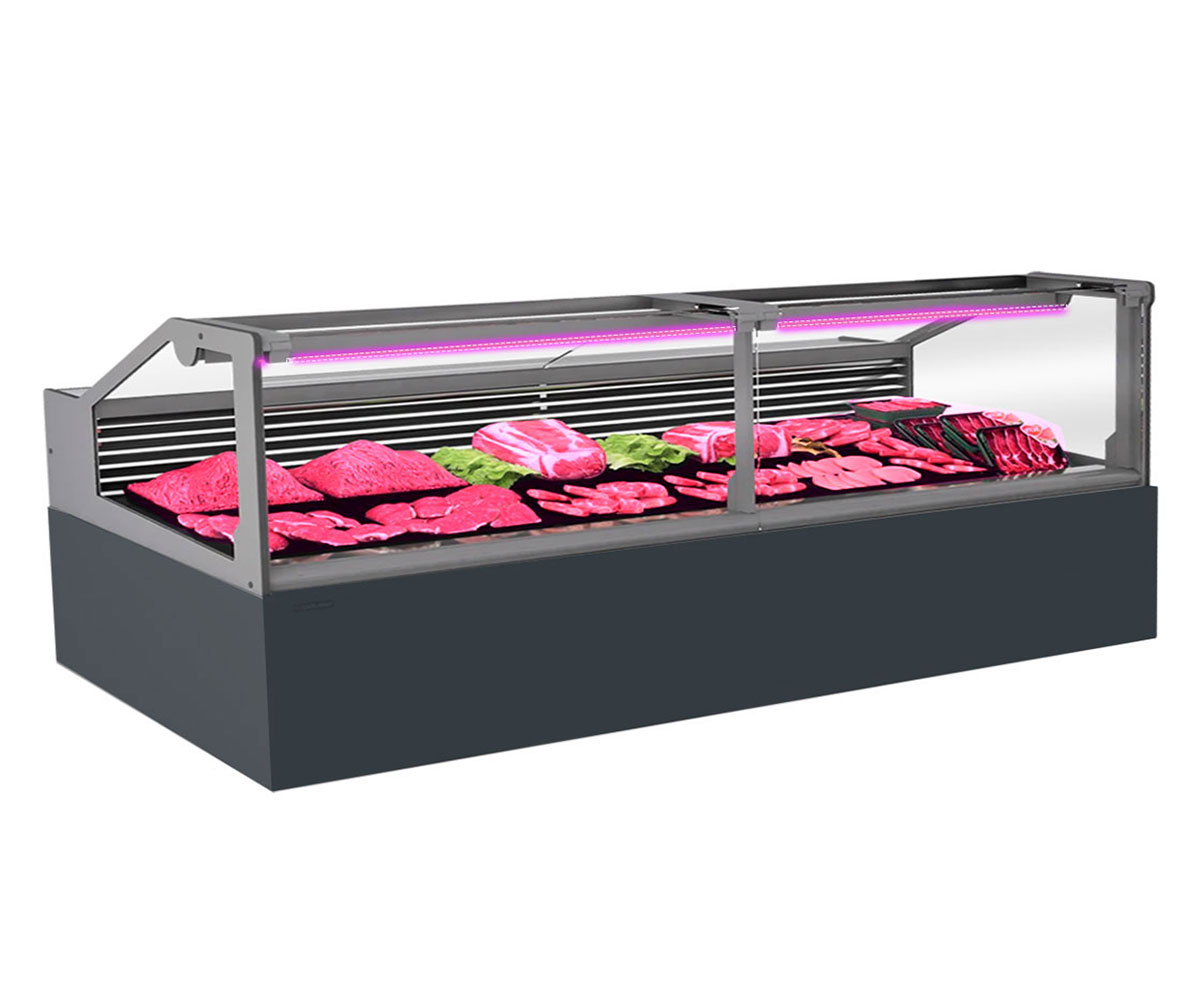 Vitrina frigorifica pentru carne, specialitati, mezeluri 260 cm, Gri Antracit RAL7016, iluminare LED carne, FULL STATIC, motor silentios