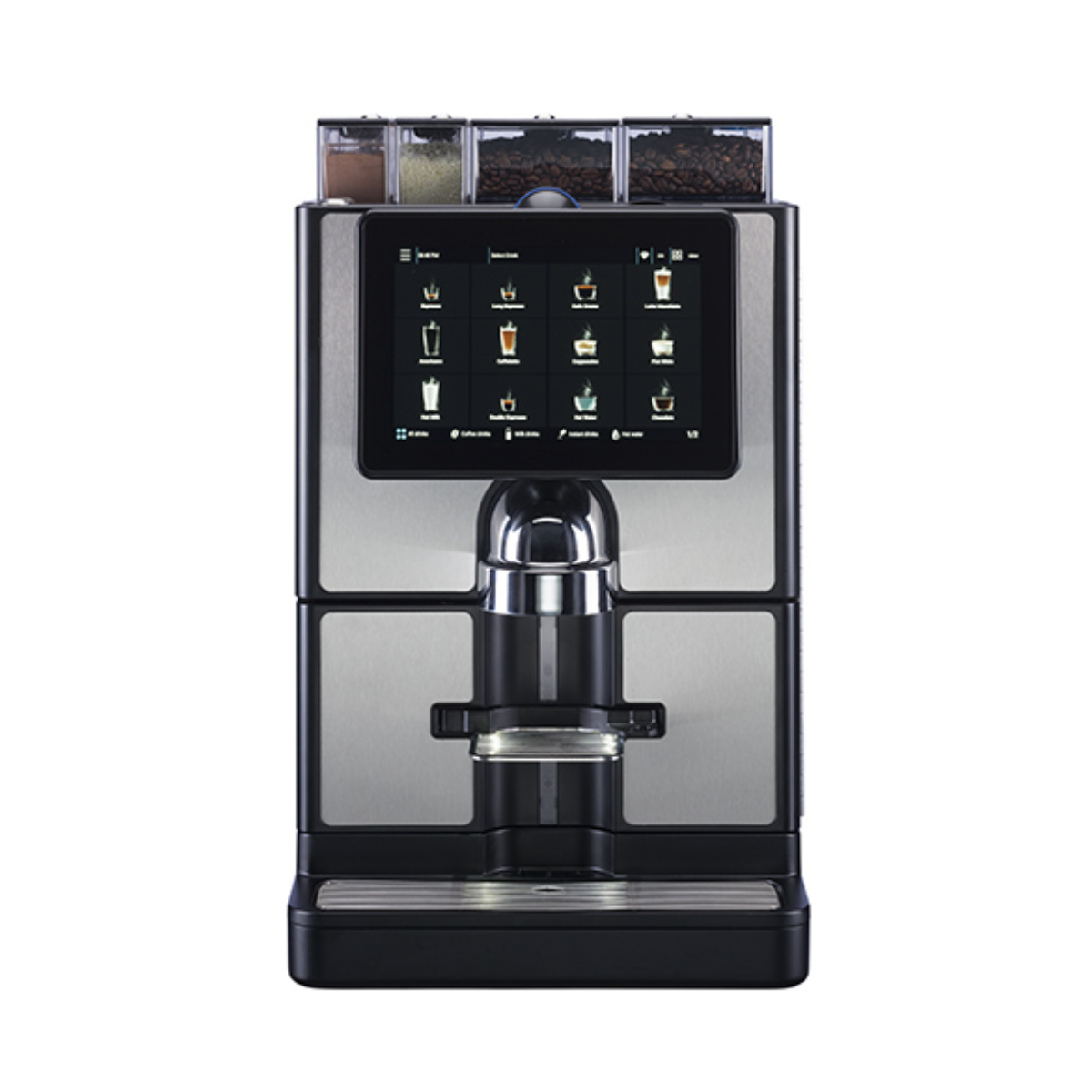 Automat de cafea profesional CARIMALI cu 4 compartimente, 2 boabe / 2 solubile, 150 cafele pe zi, lapte proaspat