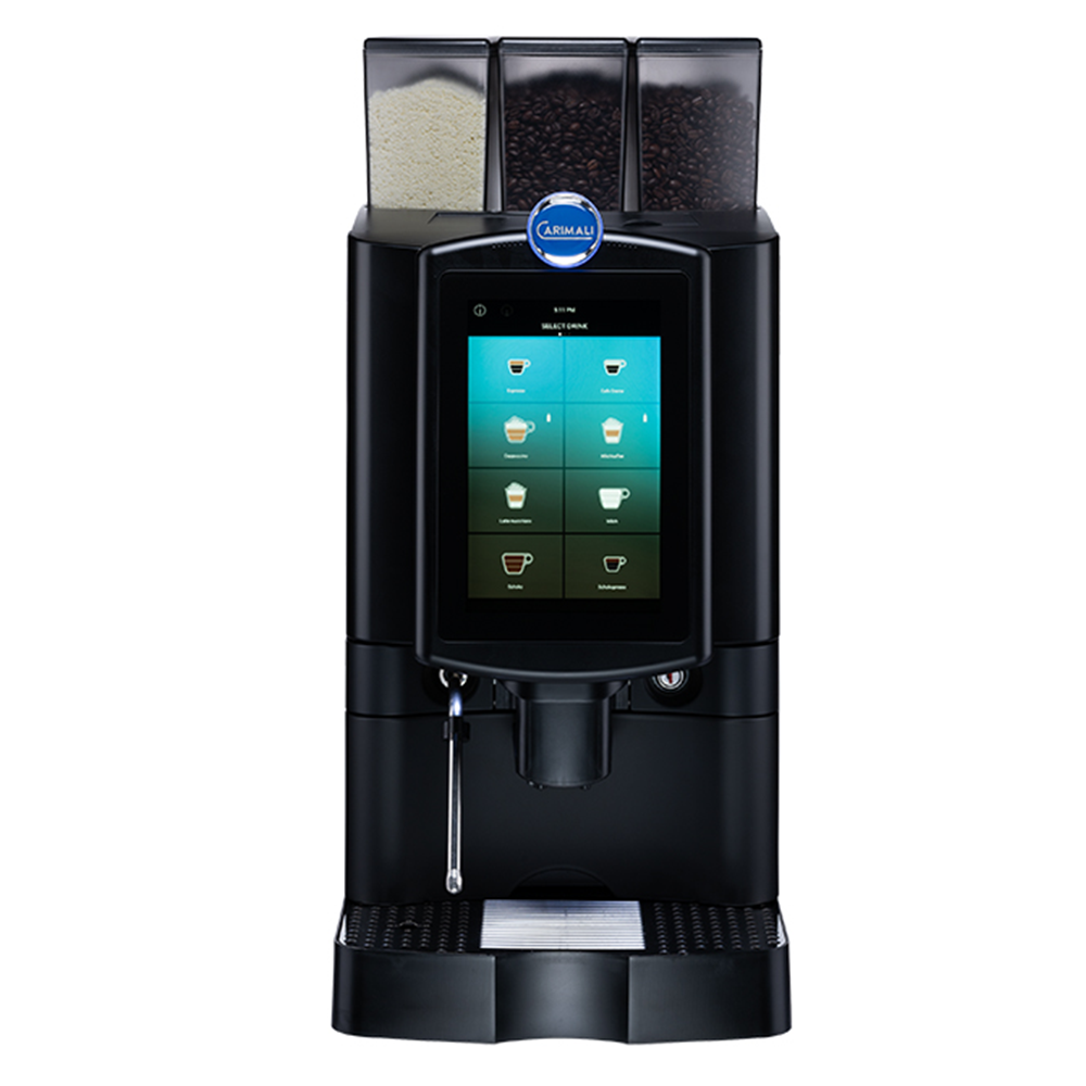 Automat cafea profesional CARIMALI cu 3 compartimente, 2 boabe, 1 solubil + Lapte proaspat