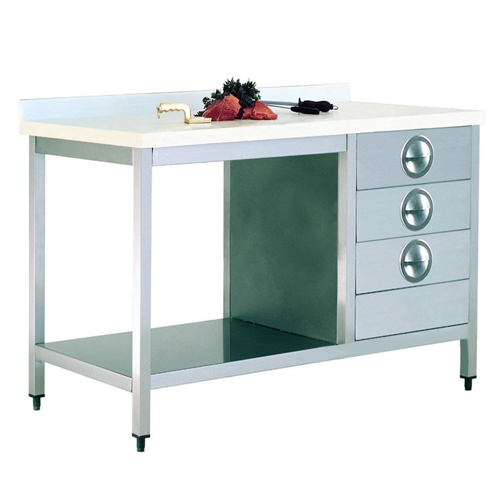 Masa de lucru inox cu blat din polietilena, 3 sertare si polita inferioara 180*70*85 - 0