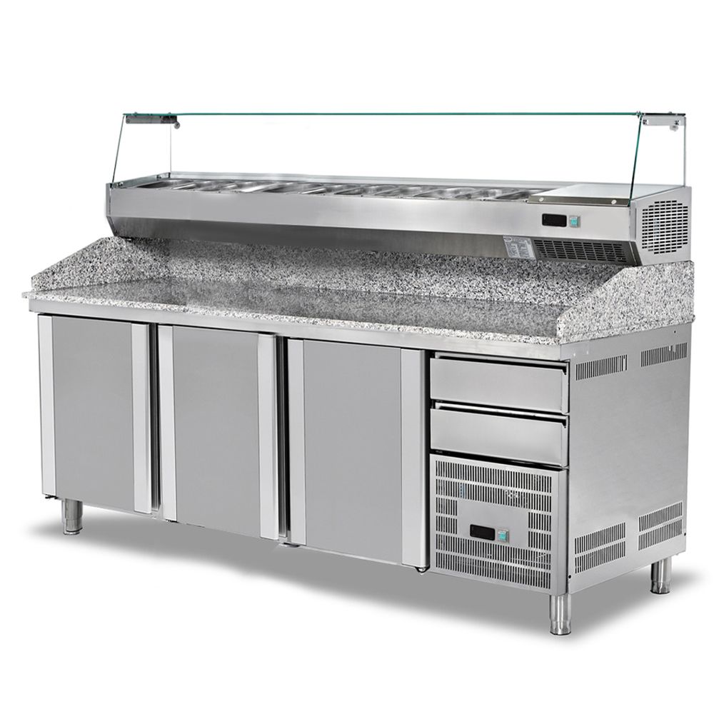 Masa preparare pizza combi, profesionala, inox, 2 sertare, 9 cuve, 500 lt, 210*80*102/152 cm - 0