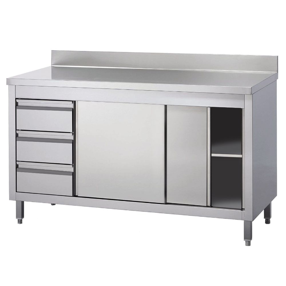 Masa de lucru inox cu dulap, 3 sertare si polita intermediara 160*60*85 - 0