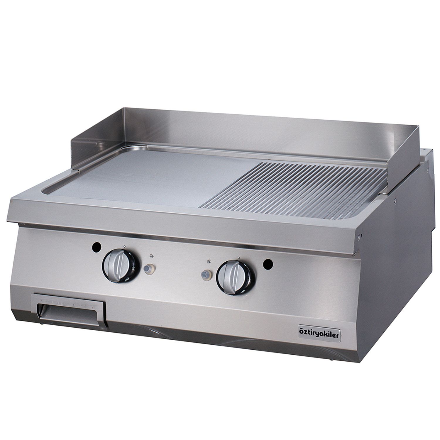 Grill pe gaz profesional OZTI, inox, cu suprafata neteda si striata cromata, 80*90*28 cm - 0