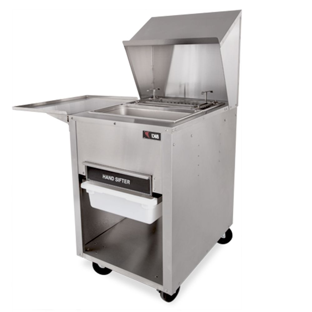 Masa profesionala mobila din inox pentru preparare pui pane, cu sita si cuve, 148.6*61.8*84.7 cm - 1