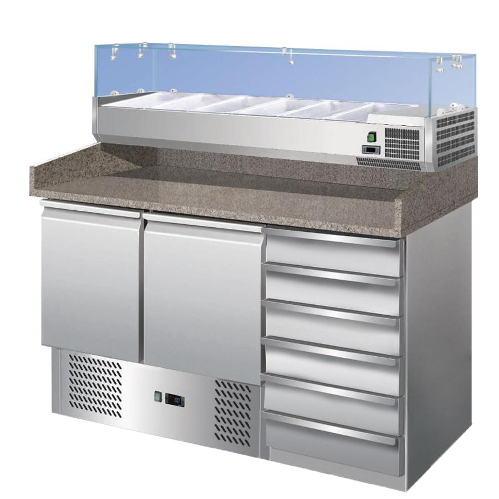 Masa pizza combi, profesionala, inox, 6 sertare, 6 cuve, 257 lt, 142*70*143 cm - 1