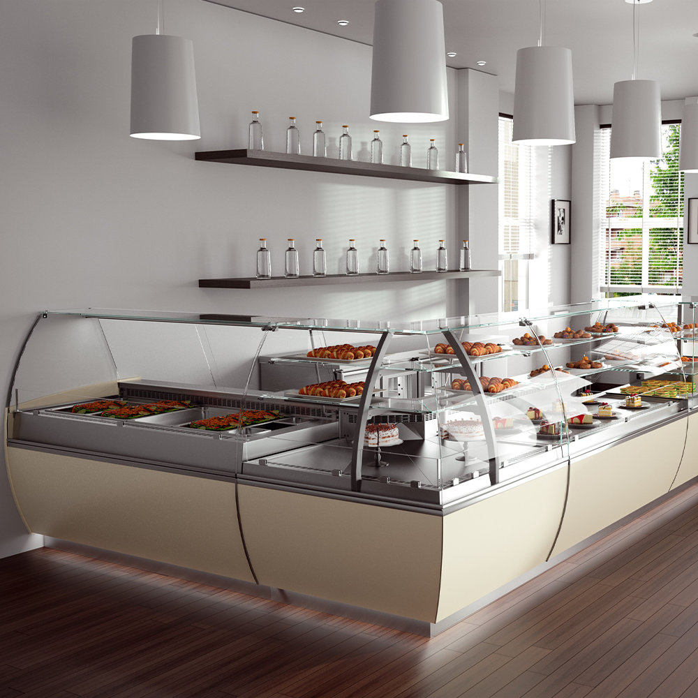 Vitrina frigorifica, pentru prajituri, coltar interior, 45 grade JORDAO  Twist, geam drept, ventilata - 0