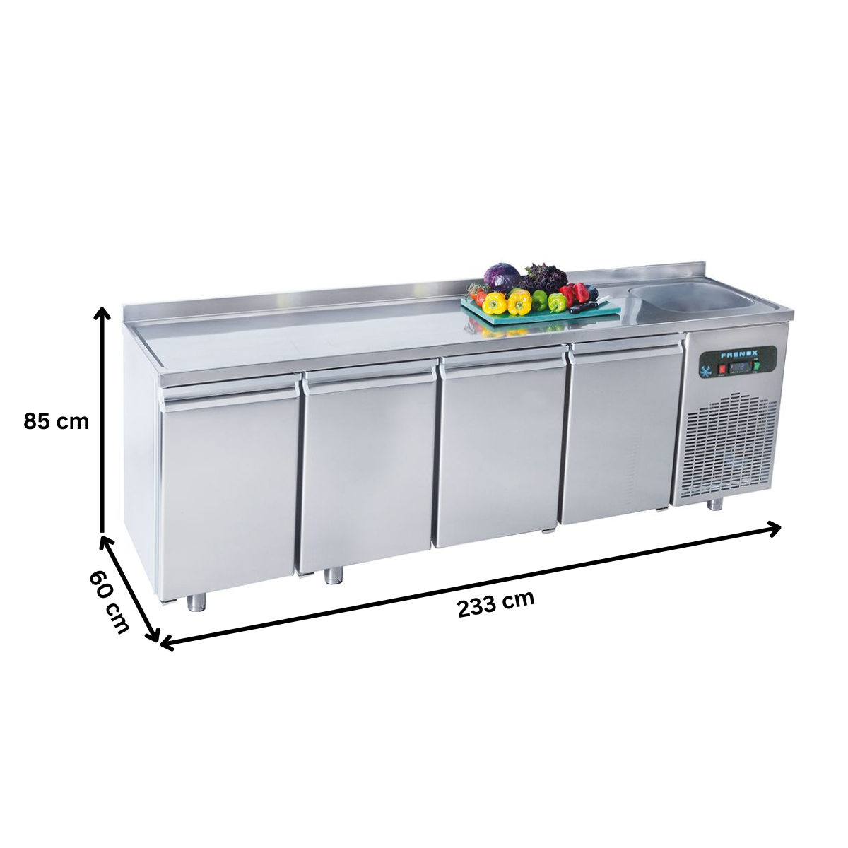 Masa rece FRENOX, profesionala, inox, 4 usi si chiuveta, 550 lt, 233*60*85 cm - 5
