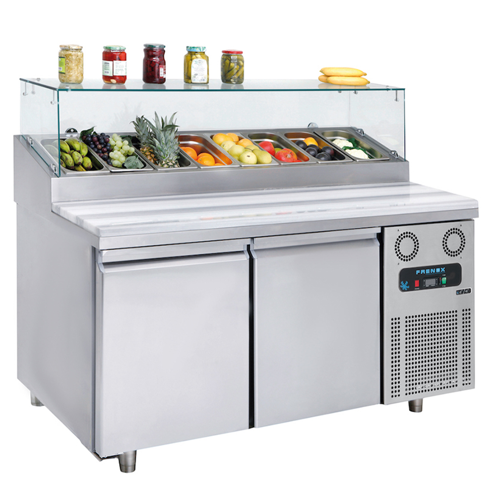Masa rece preparare pizza FRENOX, profesionala, inox, 2 usi si 8 cuve, 380 lt, 155*80*128 cm - 0