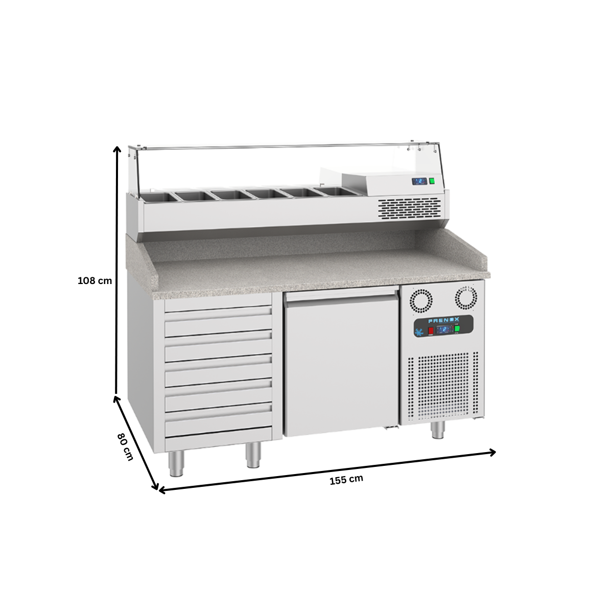 Masa rece preparare pizza FRENOX, profesionala, inox, 1 usa si 5 sertare, 380 lt, 155*80*108 cm - 6