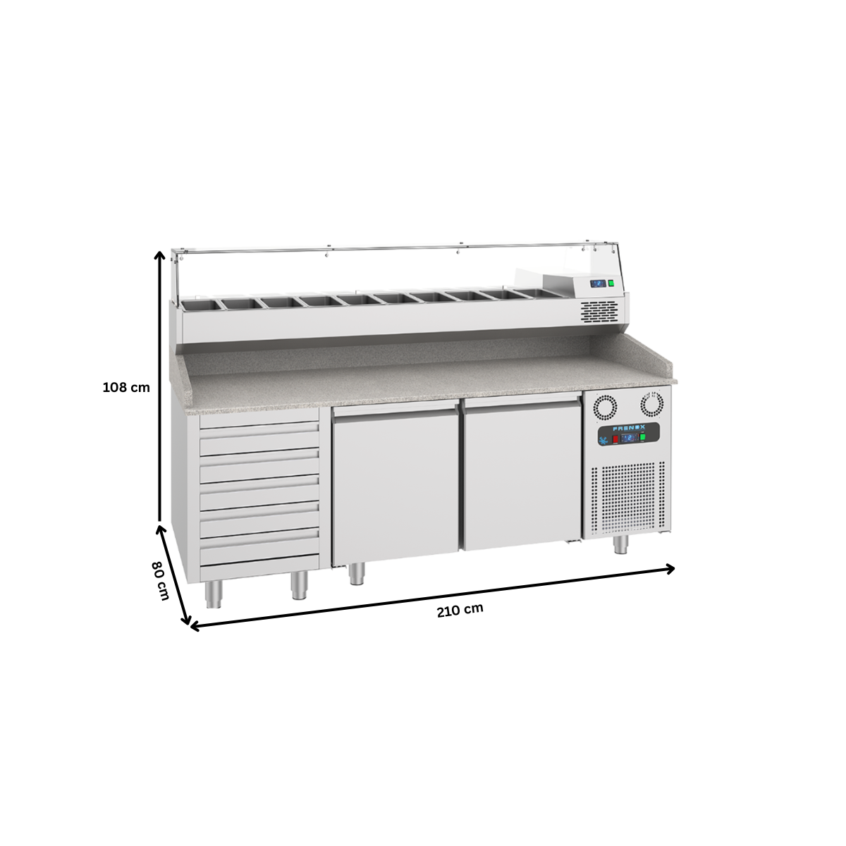 Masa rece preparare pizza FRENOX, profesionala, inox, 2 usi si 5 sertare, 615 lt, 210*80*108 cm - 6