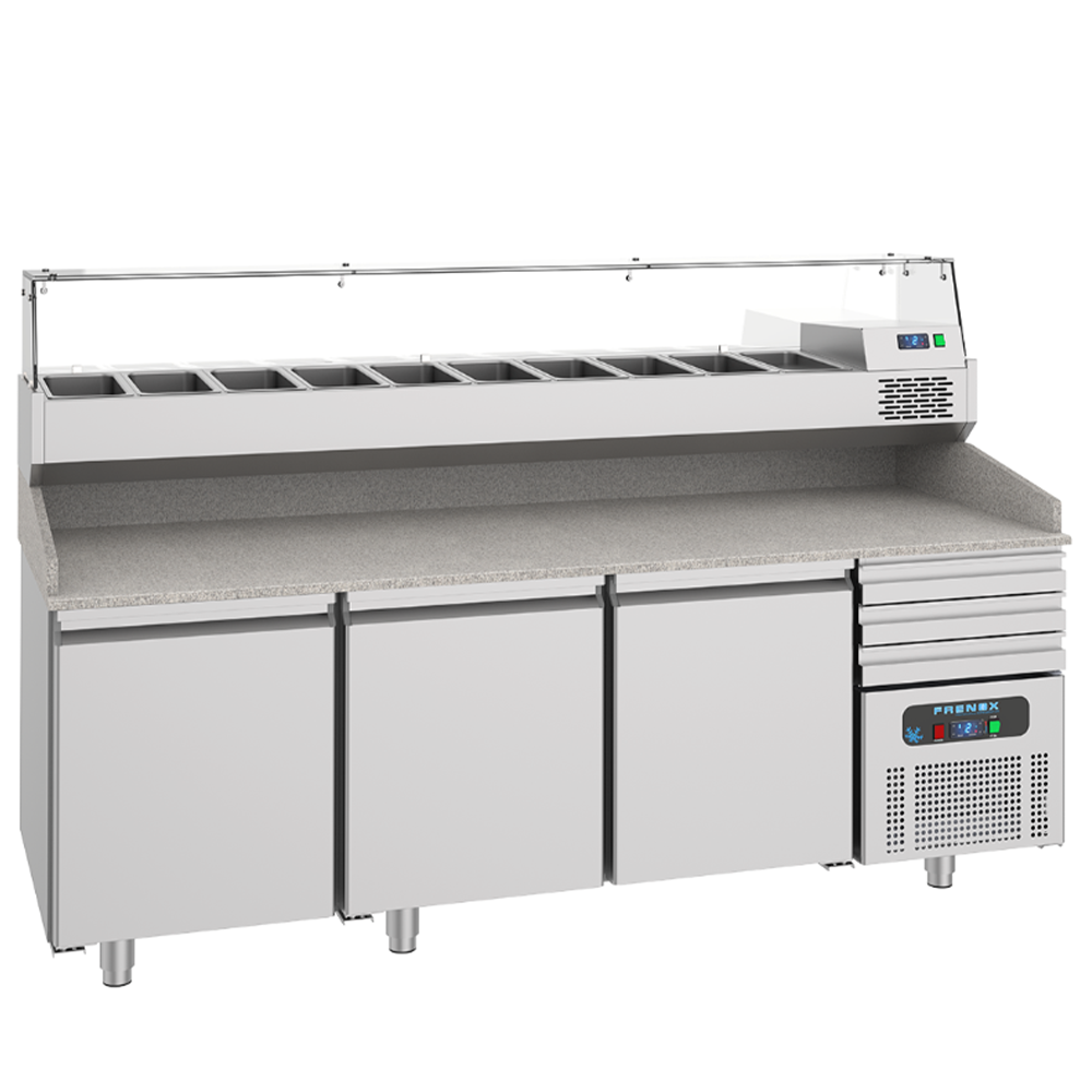 Masa rece preparare pizza FRENOX, profesionala, inox, 3 usi si 3 sertare, 615 lt, 210*80*108 cm - 0