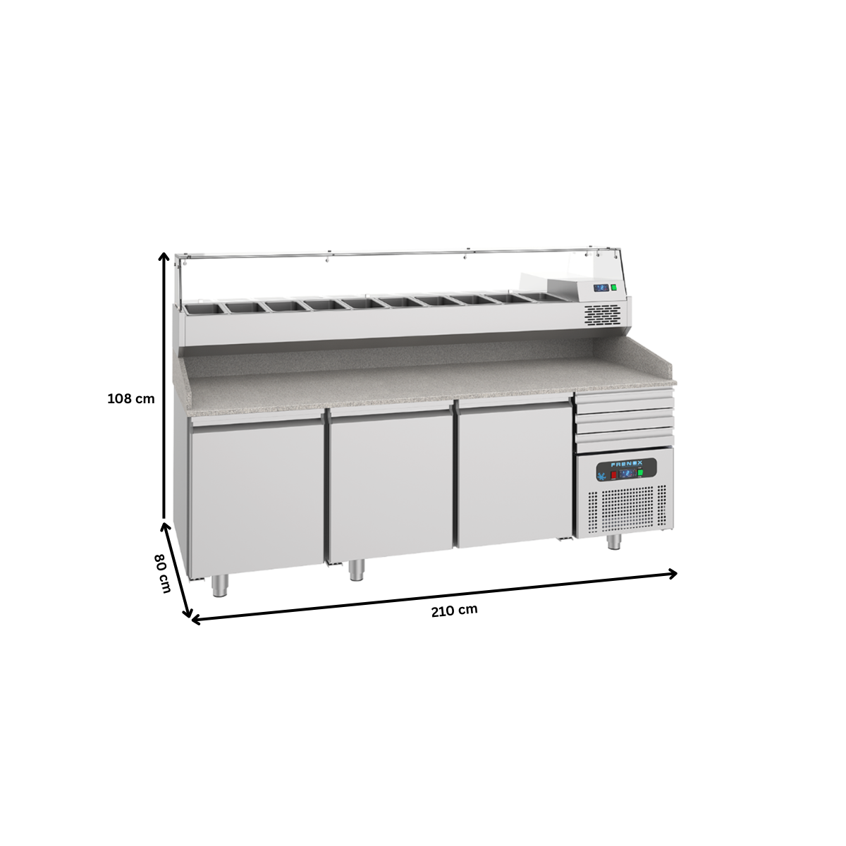 Masa rece preparare pizza FRENOX, profesionala, inox, 3 usi si 3 sertare, 615 lt, 210*80*108 cm - 5