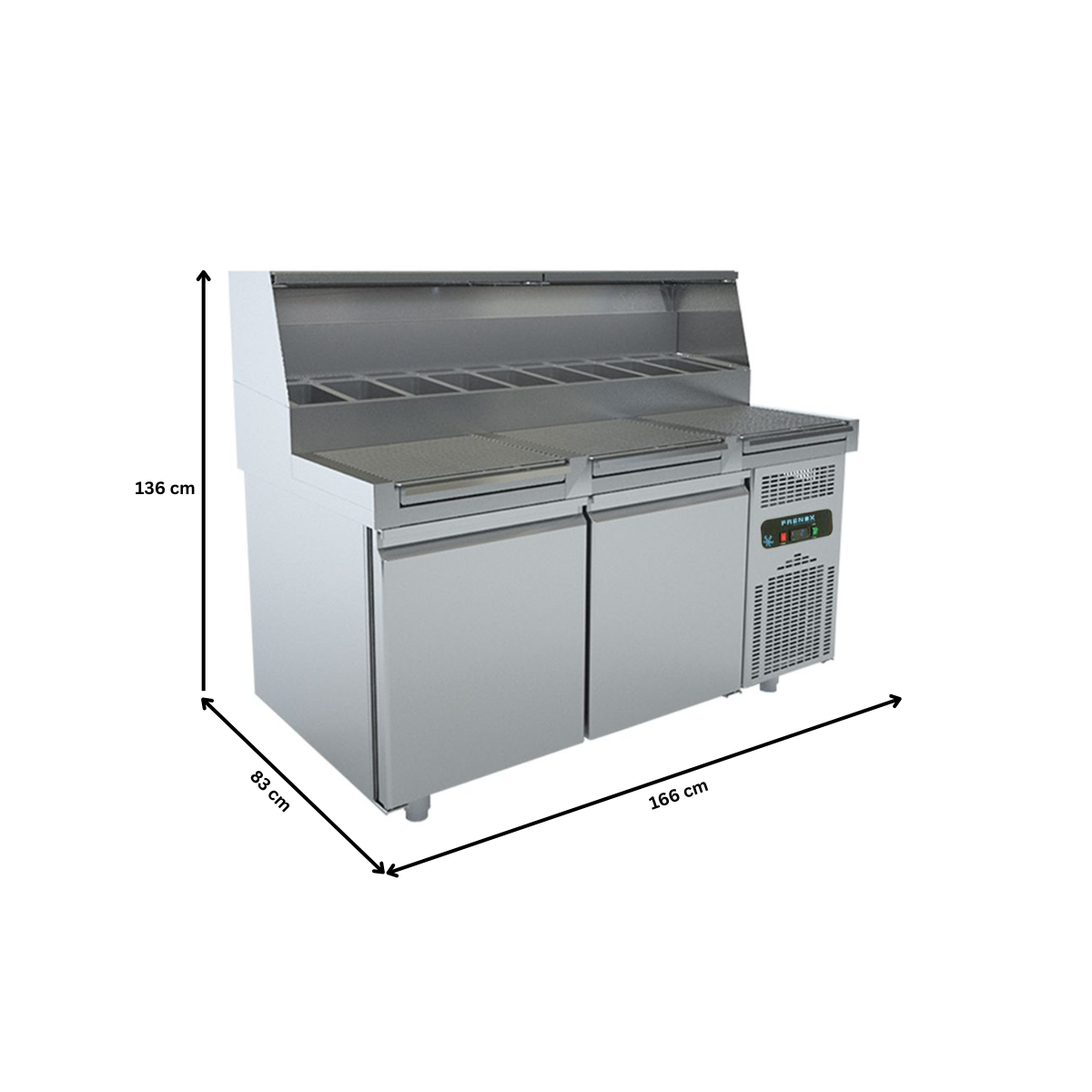 Masa rece preparare pizza FRENOX, profesionala, inox, 2 usi si 9 cuve, 460 lt, 166*83*136 cm - 4