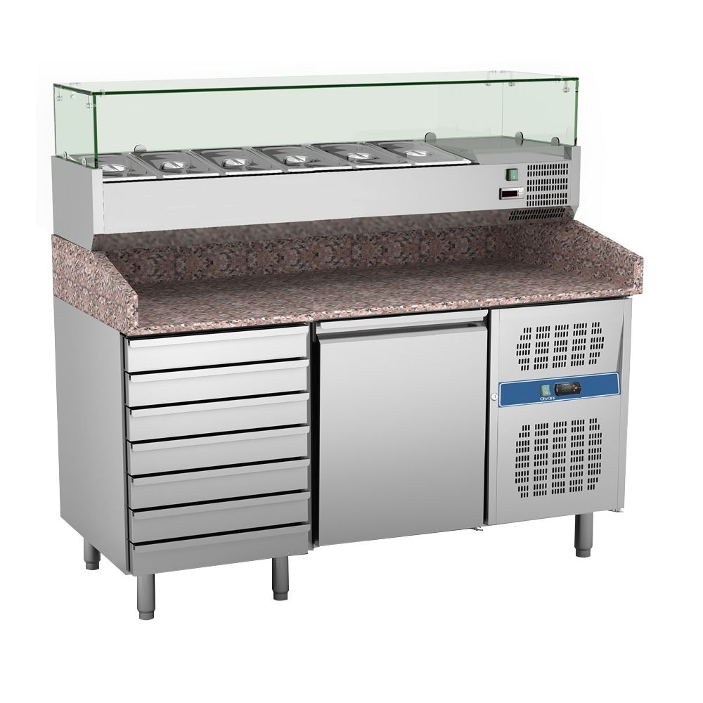 Masa rece preparare pizza, profesionala, vitrina ingrediente, inox, 1 usa si 6 sertare, 390 lt, 151*80*100 cm - 0