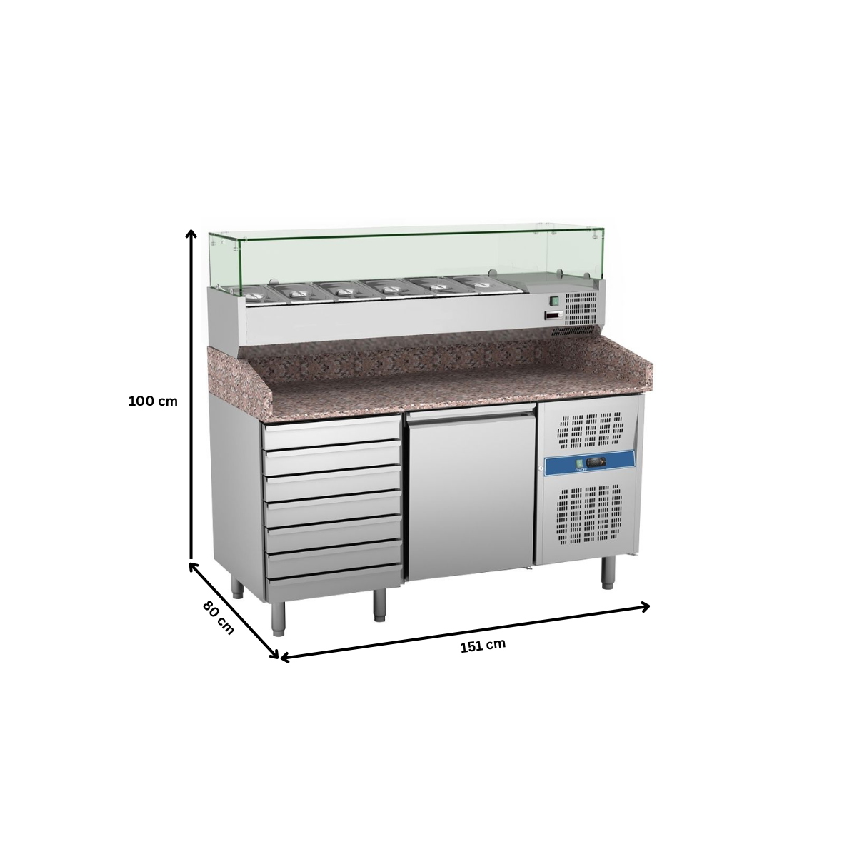 Masa rece preparare pizza, profesionala, vitrina ingrediente, inox, 1 usa si 6 sertare, 390 lt, 151*80*100 cm - 10