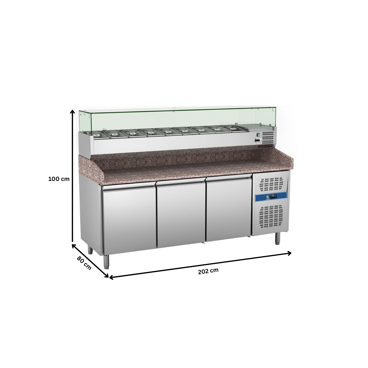 Masa rece preparare pizza, profesionala, vitrina ingrediente, inox, 3 usi, 580 lt, 202*80*100 cm - 11